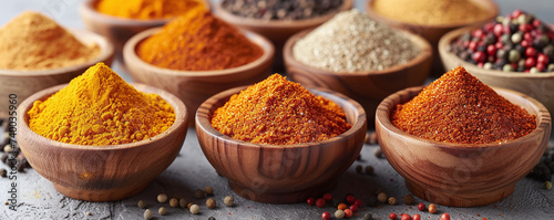 Assorted spices in wooden bowls on a textured surface, featuring turmeric, chili, and peppercorns.