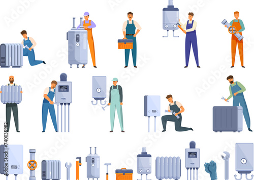 Fix heater pipeline icons set cartoon vector. Home maintenance. House boiler service