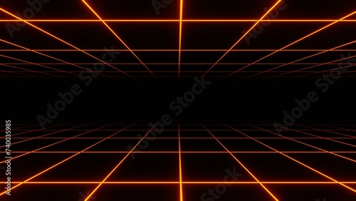 3d retro neon red orange abstract background with laser lines. Synthwave grid videogame style. Vj futuristic sci-fi 80s 90s y2k wireframe net. Two sides road. Party disco music poster	 photo
