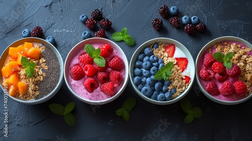 Colorful Smoothie Bowls: Overhead shot of beautifully arranged smoothie bowls with colorful layers of fresh fruits, seeds, and granola, promoting a healthy lifestyle. 