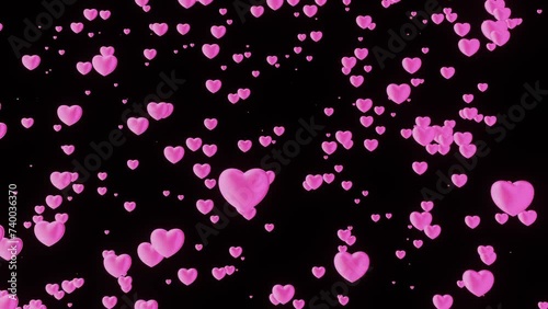 Many 3d cute dreamy pink valentine hearts falling down background isolated black overlay. Valentine's day love celebration gift postcard. Romantic Postcard template Animation 30fps loop	
