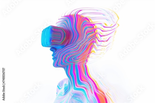 Creative colourful concept of young person wearing a virtual reality headset VR goggles exploring the meta verse, and playing games, entertainment and digital technology of the future. Generative AI