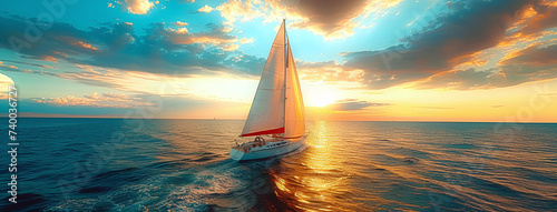 Sailboat at sunset on calm sea with vibrant sky, concept of adventure and travel