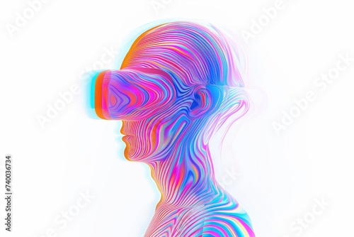 Creative colourful concept of young person wearing a virtual reality headset VR goggles exploring the meta verse, and playing games, entertainment and digital technology of the future. Generative AI