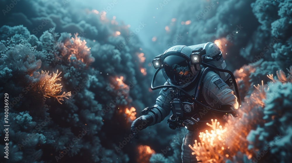 Diver in a neon submersible exploring an underwater city with coral towers emitting soft light