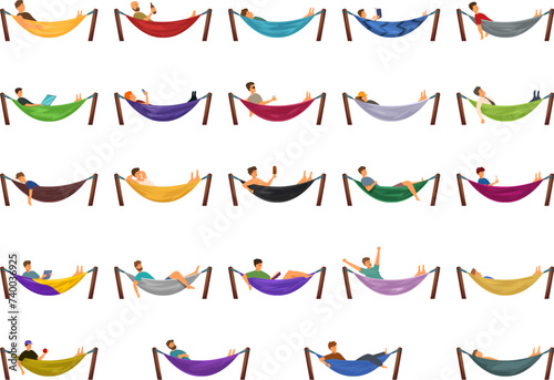 Man relax hammock icons set cartoon vector. Beach vacation. Male character rest