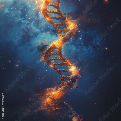 DNA helix spiraling across a starry galaxy its base pairs illuminated by distant nebulas photo