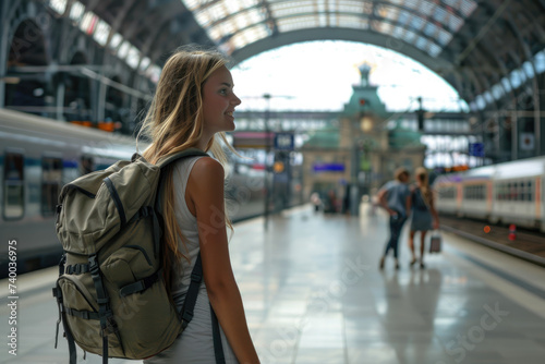 Happy young tourist woman with backpack at the modern train station