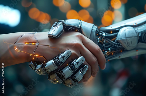 Human hand shaking a robot hand, symbolizing AI-human collaboration, against a bokeh light background.