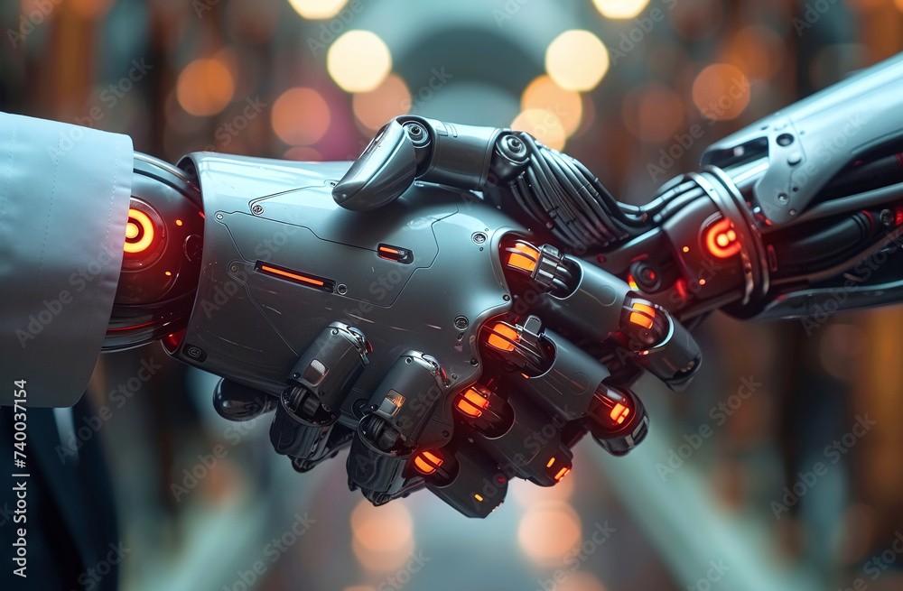 Human hand shaking a robot hand, symbolizing AI-human collaboration, against a bokeh light background.