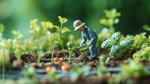 畑で野菜を栽培する人々（ミニチュア写真）