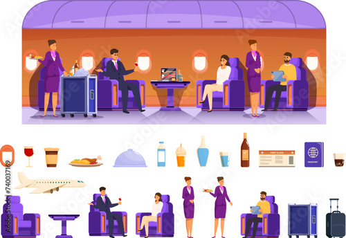 Airplane first class icons set cartoon vector. Plane person onboard. Jet passenger