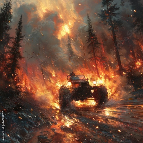 Driver in a flame wheeled chariot charging through a forest ablaze with ethereal fire unscathed photo