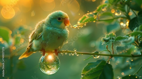 Droplet hanging from a parakeets tail inside which an enchanted forest sings in the melodies of countless birds