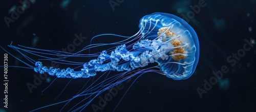 A majestic jellyfish gracefully gliding through the deep blue ocean with a translucent bell and trailing tentacles.