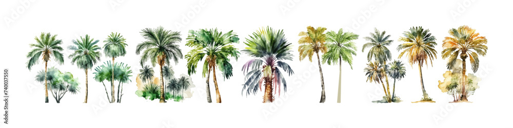 Watercolor palm tree collection. Beach tree illustration. Exotic nature.