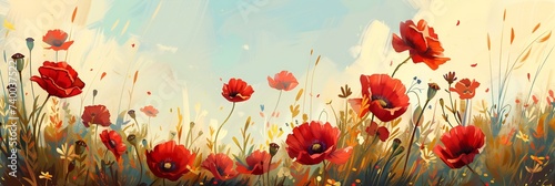 horizontal seamless background with red poppies on a white background. © Yulia