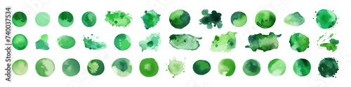 Watercolor splash set. Abstract green splash.