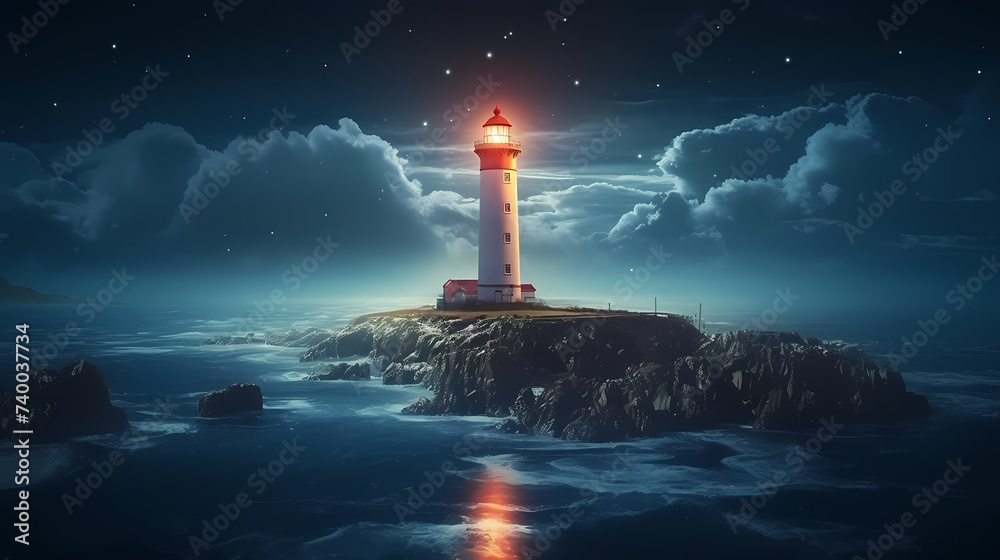 A lighthouse in the middle of a large body of water with waves in front and a light in the cloudy sky above the lighthouse