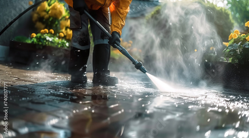 Worker using a high-pressure washer to clean a paved surface, with water splashing and plants in the background.