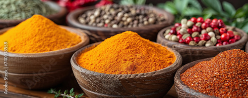 Assorted spices in wooden bowls on a white background, including turmeric, coriander, chili, and peppercorns.