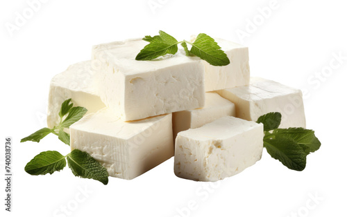 A photo showcasing a mound of various types of cheese with fresh mint leaves placed on the top. Isolated on a Transparent Background PNG.