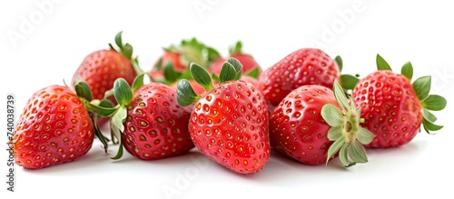 A group of juicy and fresh strawberries arranged neatly on a clean white background.