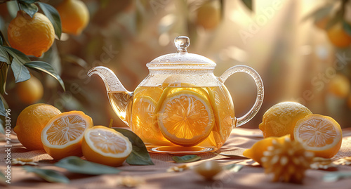 Transparent teapot with orange slices on a sunny table, creating a refreshing atmosphere.