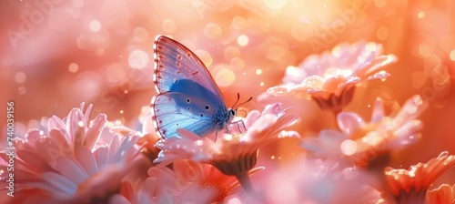 a blue butterfly flying in a beautiful flower,