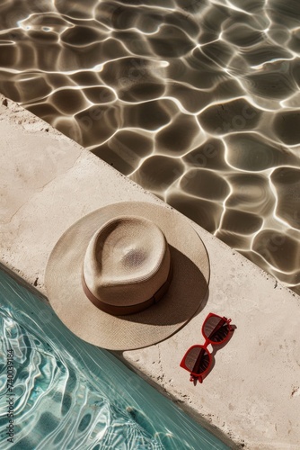 a hat, sunglasses, and red sunglasses lay on the edge of a pool