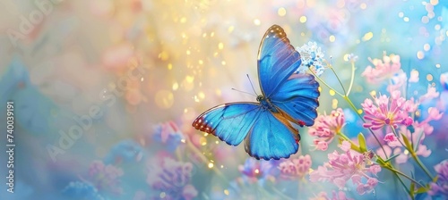 a blue butterfly flying in a beautiful flower,