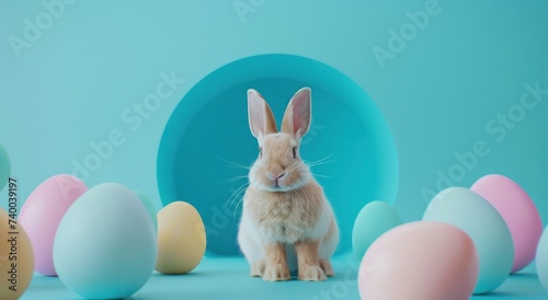 a chic little rabbit in a circle of colored eggs set against a blue background