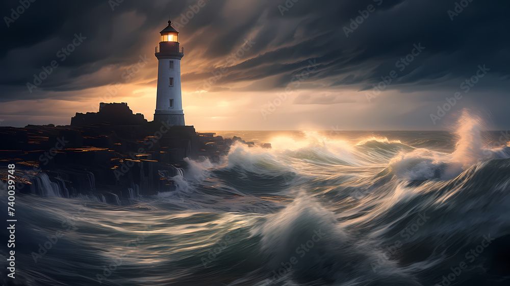 In the rough sea, a steadfast lighthouse shines a guiding light