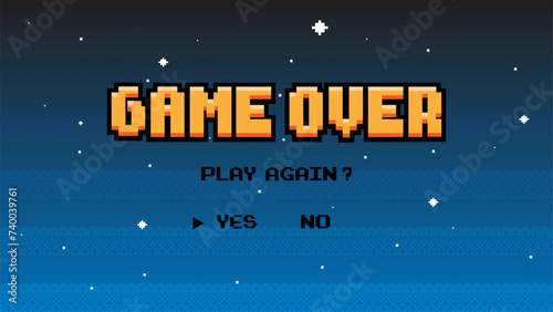 Game Over with starry sky on background. Pixel art 8-bit retro video arcade style with play again.