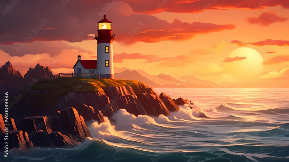 In the rough sea, a steadfast lighthouse shines a guiding light