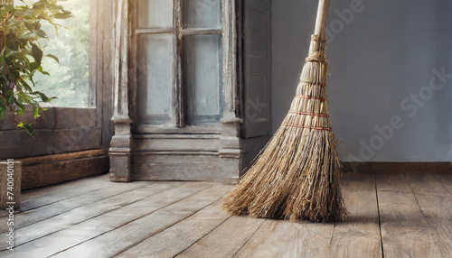 Brushwood broom on a wooden floor in an interior