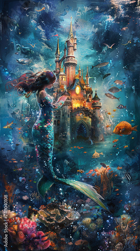 A young child in dreamy pajamas and a friendly mermaid exploring a magical underwater castle surrounded by fish © Expert Mind