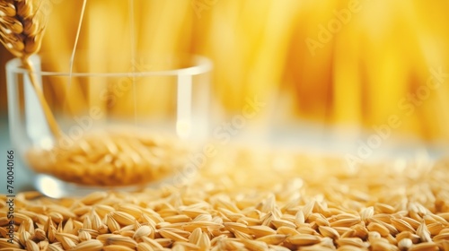 Close-up of freshly harvested wheat grains. Quality control of grain crops in the laboratory.
