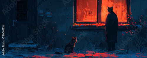 Cat mafia boss in front of a vintage house giving orders to a dog lieutenant under the cover of dusk photo