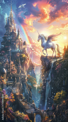 Dawn in a fantasy city a lone unicorn meets an angel rainbow bridges the sky fairy tale serenity photo