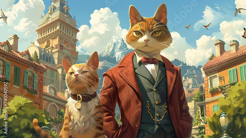 Dapper cat in a mafia suit standing in front of a luxurious house with a loyal dog by its side as the lookout photo