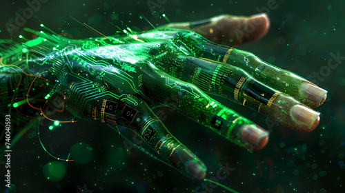 Cybernetic Hand With Circuitry and Green Illumination