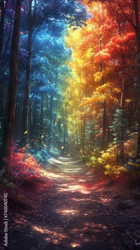Emerald forest with leaves that refract light creating a perpetual natural rainbow among the trees