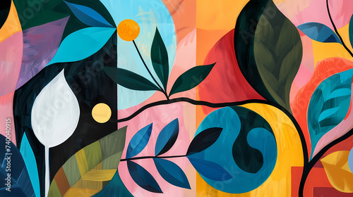 Vibrant Abstract Mural of Botanical Elements