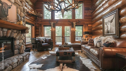 A rustic chic living room with a leather sofa, cowhide rug, and antler chandelier © Wardx