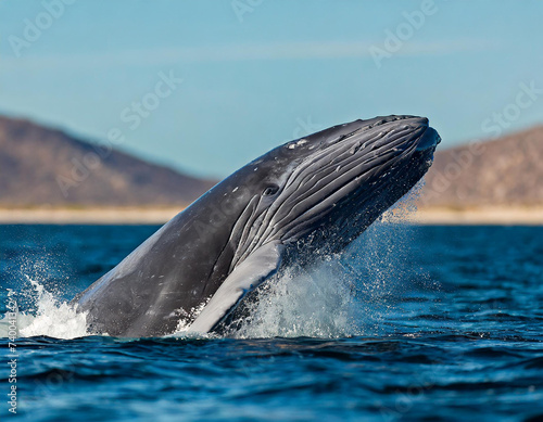 Grey whale (Eschrichtius robustus) spyhopping. Ojo de Liebre Lagoon, El Vizcaino Biosphere Reserve, Baja California Sur, Mexico.