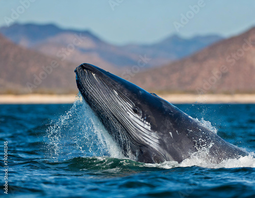 Grey whale (Eschrichtius robustus) spyhopping. Ojo de Liebre Lagoon, El Vizcaino Biosphere Reserve, Baja California Sur, Mexico.