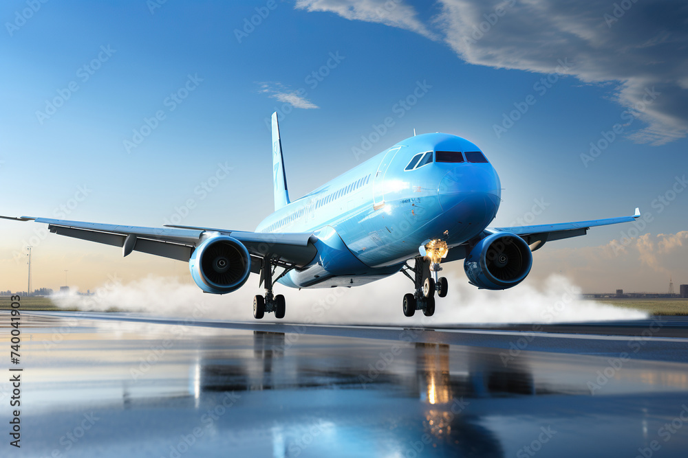 A blue passenger plane takes off. Generated by artificial intelligence A blue passenger plane takes off. Generated by artificial intelligence