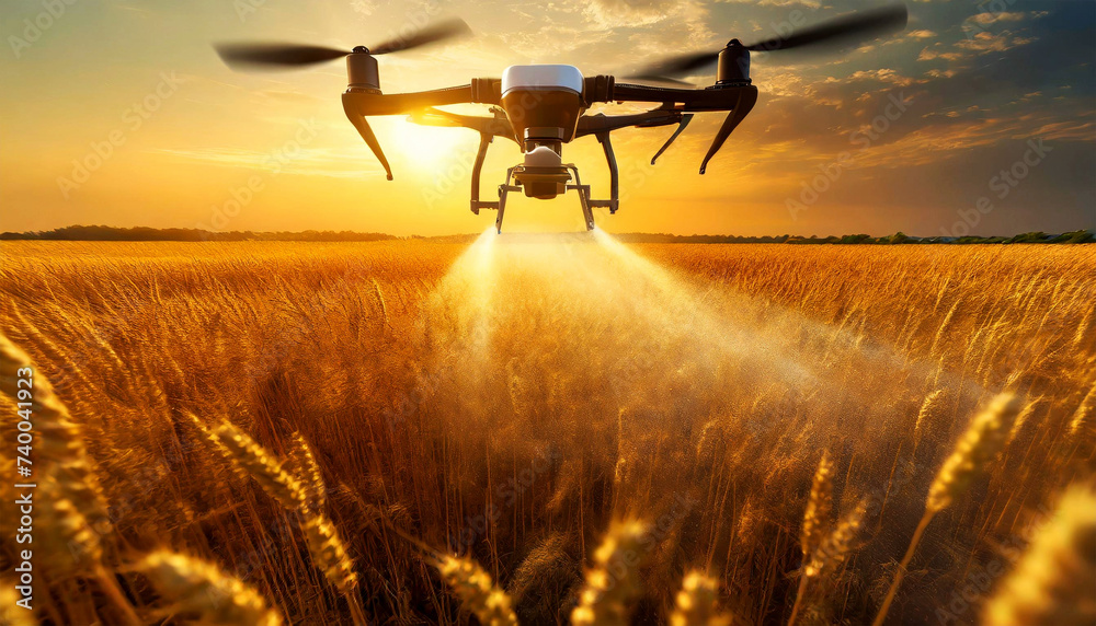 Closeup of a moving drone spraying pesticides, fertilizers or water on a cultivated field (wheat field) at sunrise or sunset. Generative Ai. - obrazy, fototapety, plakaty 