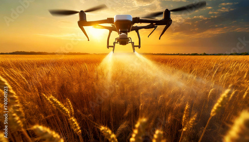 Closeup of a moving drone spraying pesticides, fertilizers or water on a cultivated field (wheat field) at sunrise or sunset. Generative Ai. photo